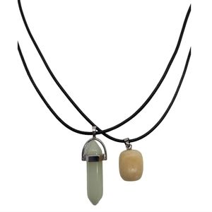 Set Of 2 Gemstones Black Leather Necklace 18"